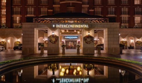 Exterior of InterContinental Dublin Hotel, decorated with Christmas items